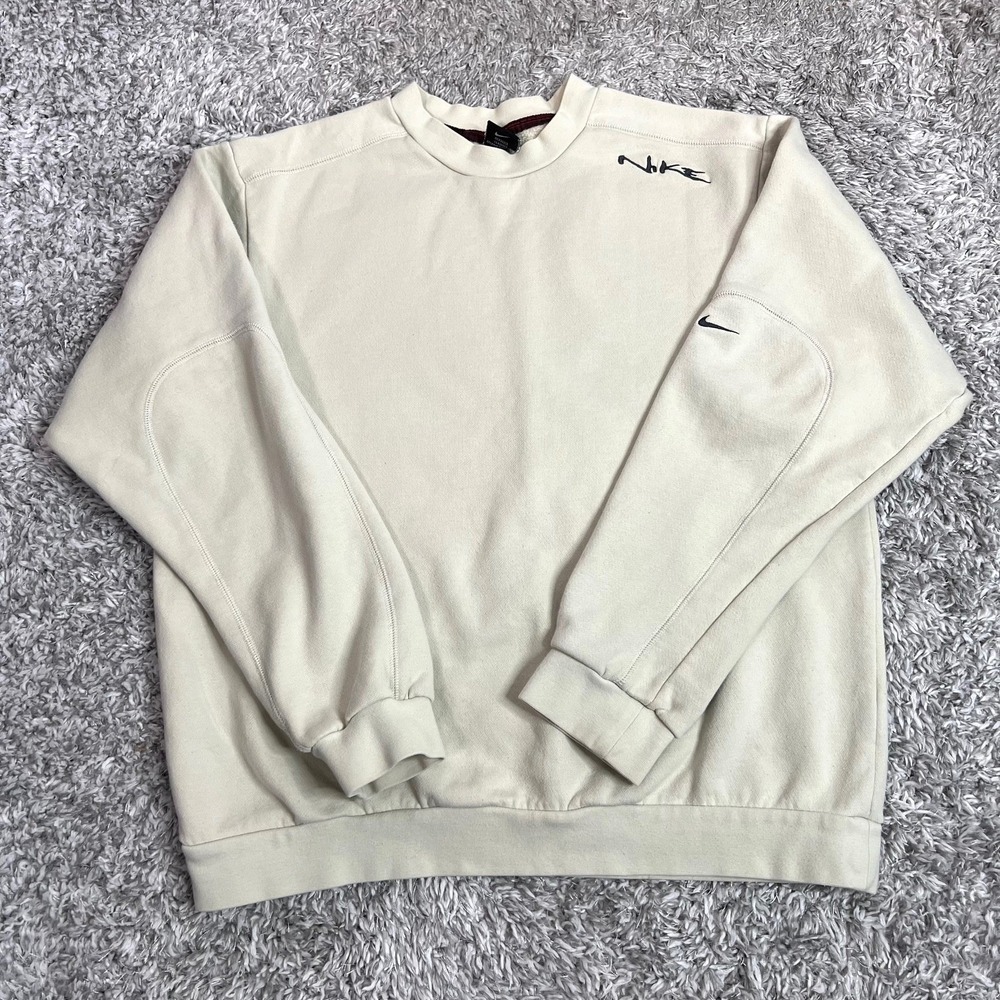 Vintage Nike Sweatshirt Mens M Script Logo Crewneck Beige Fleece Y2K Elbow